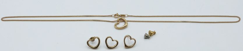A 9ct gold necklace with heart pendant and earrings, 6.2g