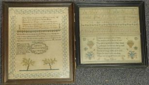 Two Victorian embroidery samplers April Jane Ware, age 8 and Emma Pullen, aged 10