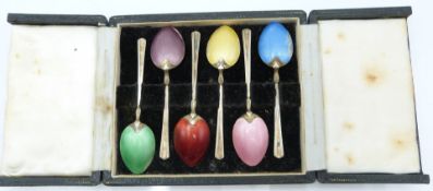 Elizabeth II cased set of six hallmarked silver and guilloché enamel spoons, Birmingham 1959,