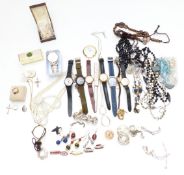 A collection of costume jewellery including earrings, beads, 9ct gold ring set with onyx and tiger's