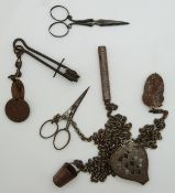 19thC cut steel scissors impressed Oliver, housekeeper's steel chatelaine and a skirt lifter