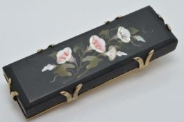 A c1900 Victorian gilt brooch set with a rectangular pietra dura plaque, 1.5 x 5.5cm