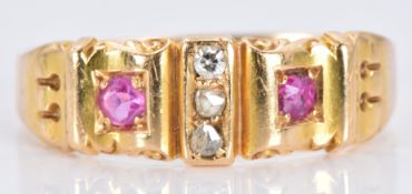 Victorian 18ct gold ring set with rubies and diamonds, Birmingham 1892, 3.2g, size N/O
