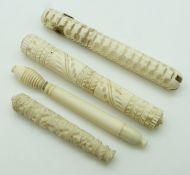 Four 19thC turned and carved bone/ivory needle cases including one in the form of a peg, longest
