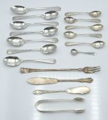 Quantity of various hallmarked silver teaspoons, sugar tongs, pickle fork etc, weight 256g
