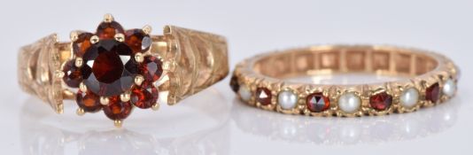 A 9ct gold eternity ring set with alternating garnets and pearls and a 9ct gold ring set with