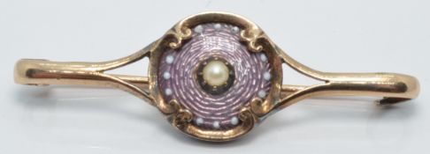 Victorian brooch set with guilloché enamel and a pearl, length 4.5cm