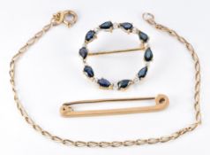 A 9ct gold brooch, 9ct gold bracelet and a 9ct gold brooch set with sapphires and diamonds (6.4g)