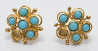 A pair of yellow metal earrings set with turquoise, 2.5g