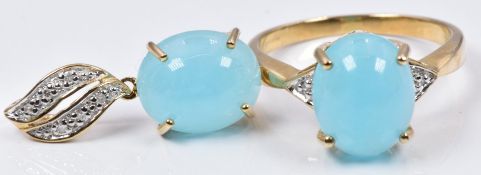 A 9ct gold ring set with hemimorphite and diamonds, with matching pendant, 4.7g