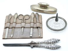 Hallmarked silver handled manicure set and further nail buffer, a cut glass and hallmarked silver