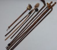 Collection of walking sticks including rhinoceros horn or similar with 9ct gold ferrule, London