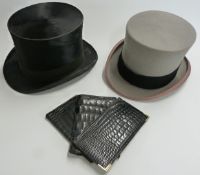 Two top hats, one silk by A J White, the other Lock and Co together with three snakeskin wallets