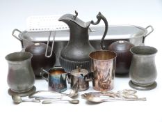 Silver plated and pewter tankards, fish kettle and a pair of Jaques bowls