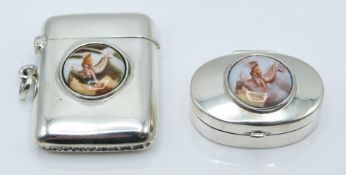 White metal vesta case and trinket box, both set with enamel scenes of nude ladies, height of taller