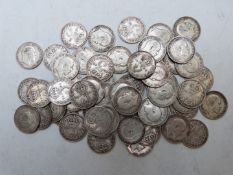 Approximately fifty six Edwardian silver threepence coins, approximately 79g in total