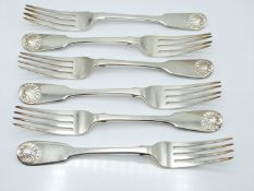 Victorian set of six hallmarked silver fiddle and shell pattern table forks, London 1856 maker