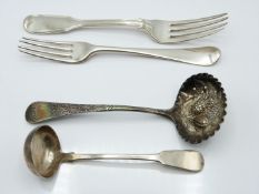 Four pieces of Georgian and William IV hallmarked silver cutlery comprising berry sifter ladle,
