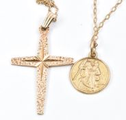 Two 9ct gold chains, a 9ct gold St Christopher and a 9ct gold cross, 5g