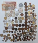 Mixed coinage including 1895 crown, 1878-1888 US dollars, two banknotes, modern and all-world