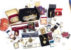A collection of costume jewellery including beads, chains, earrings, diamanté, cufflinks etc