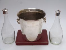 Cased set of hallmarked silver handled dessert knives and forks, silver plated wine cooler and a