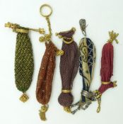 Five 19thC cut steel and embroidery purses with ornate bar clasps, longest 13cm
