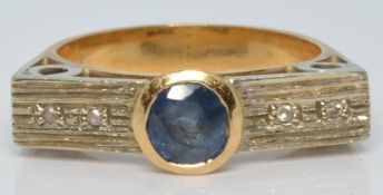 Art Deco 18ct gold ring set with a Ceylon sapphire of approximately 0.70ct and diamonds, 5.6g,