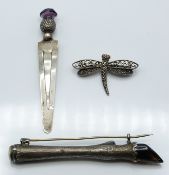 White metal brooch formed as an animal's leg set with a smoky quartz gem hoof, hallmarked silver