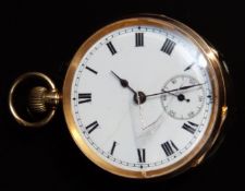Unnamed 18ct gold keyless winding open faced pocket watch with inset subsidiary seconds dial,