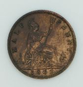 1862 Queen Victoria young head halfpenny, die letter 'A' right of lighthouse base, VF, extremely