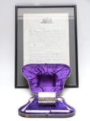 Cased Walker and Hall silver plated travelling set, with provenance suggesting it was used when at