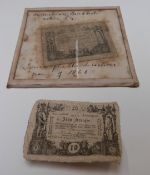 Two c1860s Austrian banknotes, one framed with early ink scripted description