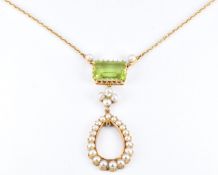 Edwardian necklace set with an emerald cut peridot, seed pearls and a diamond, length 40.5cm