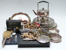 Quantity of silver plate including trays and galleried salver, Christopher Dresser style spirit