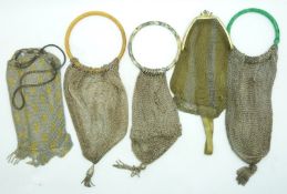 Five silver mesh purse / bags including some with Bakelite hooped handles, probably Art Deco,