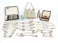 Four hallmarked silver and white metal spoons, weight 41g, cased set of hallmarked silver handled