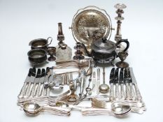 Silver plated ware to include King's pattern cutlery, candlesticks and folding cake stand