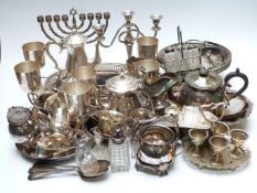 Quantity of silver plate including Walker & Hall teapot, teasets, swing-handled basket, set of six
