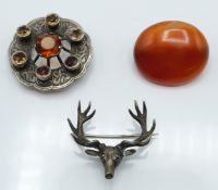 Scottish silver brooch / kilt pin set with citrine, a carnelian agate brooch and a white metal