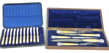 Edward VII hallmarked silver mounted carving set with ivory handles, Sheffield 1904, in fitted case,