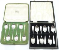 Two cased sets of six hallmarked silver tea or coffee spoons, one in Harrods box, weight 96g