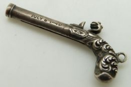 S Mordan novelty pencil in the form of a gun, marked July 6th 1840 and 353