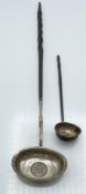 George III silver coin based toddy ladle together with a similar smaller ladle, length of longer