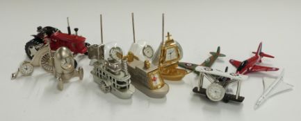 A collection novelty miniature clocks relating to planes, boats and trains