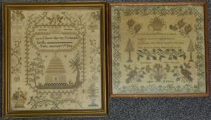 Two 19thC embroidery samplers by Elizabeth Jane Naunton, aged 9, and Maria Wilson, largest 35 x