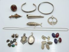 A collection of silver jewellery including bangles, ring set with agate, brooch, locket,