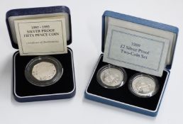 Royal Mint 1989 £2 silver proof two coin set, together with a 1992-93 silver proof 50p, both cased