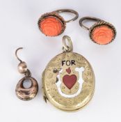 A pair of Victorian earrings set with carved coral and a Victorian locket (2.5cm diam)