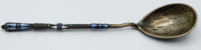 Russian silver and enamel spoon with 84 silver mark and also marked possibly Kunbert, length 14cm,